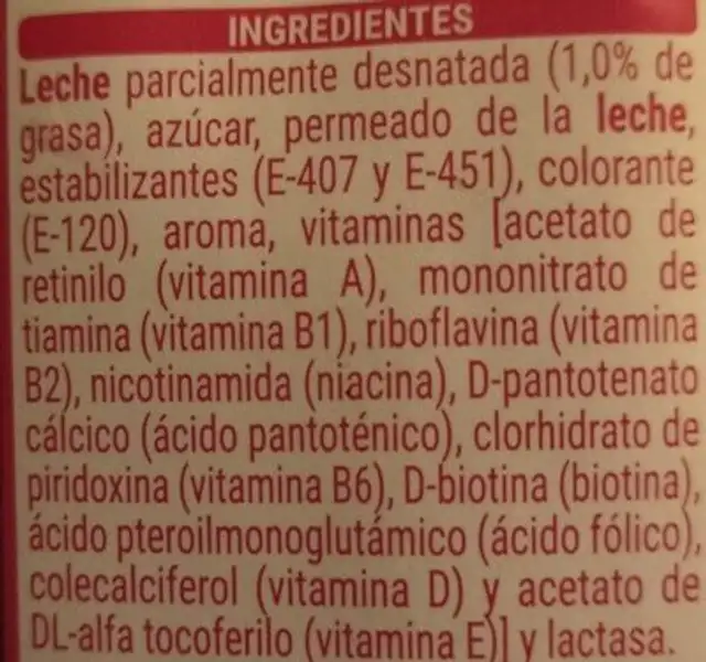 Batido sabor Fresa ingredients label