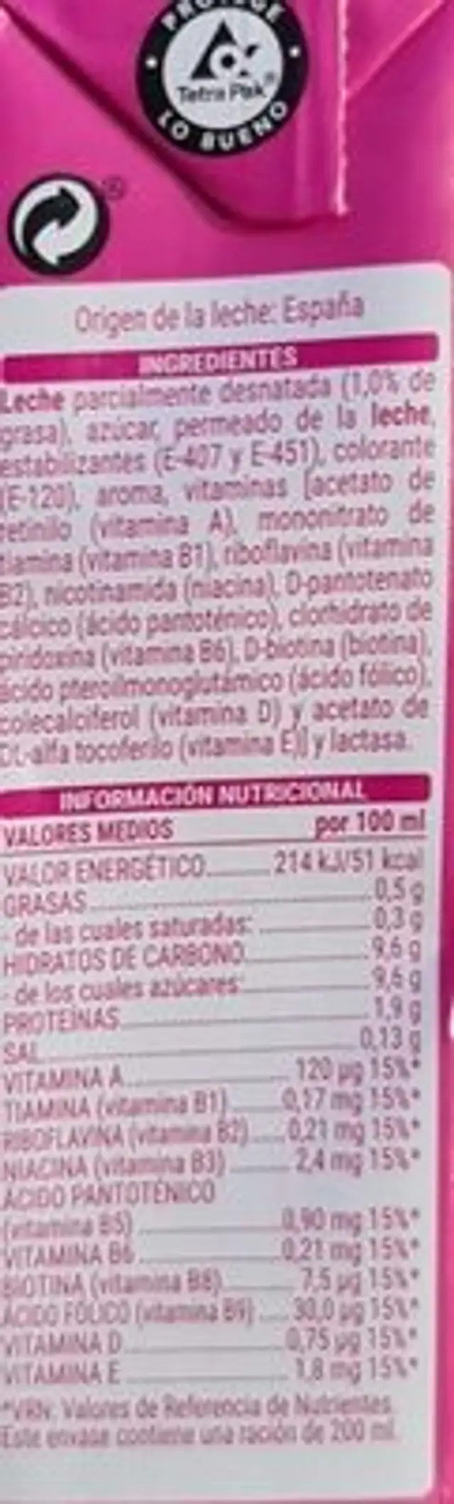 Batido sabor Fresa nutrition facts table