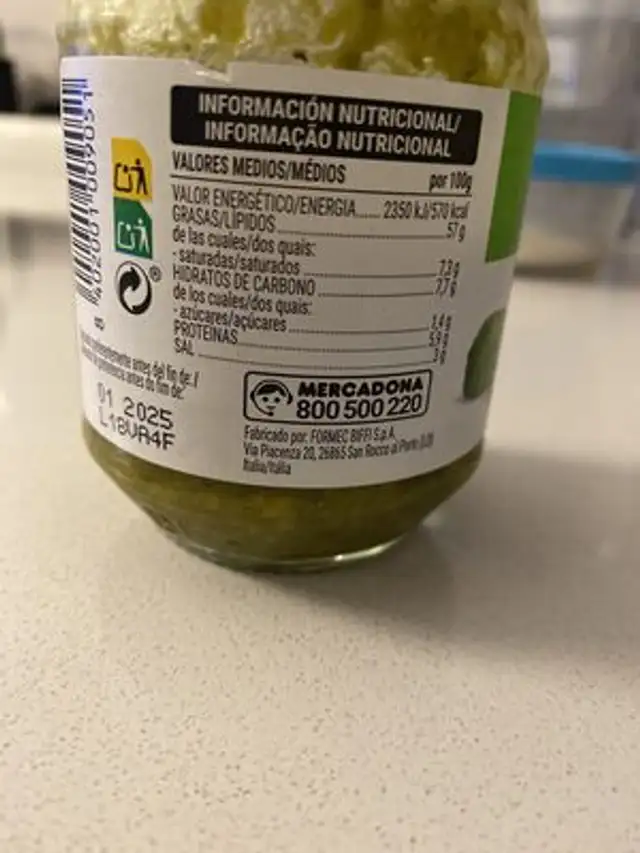 Salsa pesto con albahaca nutrition facts table