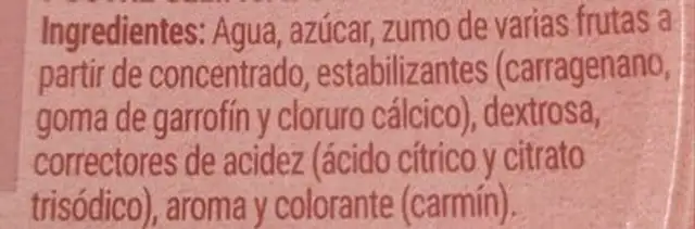 Postre gelificado sabor a fresa ingredients label