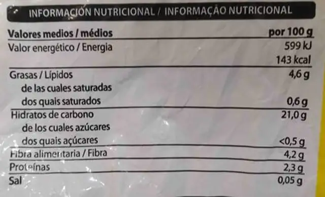 Patatas Prefritas Ultracongeladas nutrition facts table