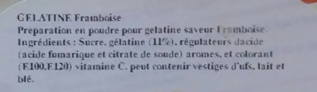 Gelatina Frambruesa Royal ingredients label