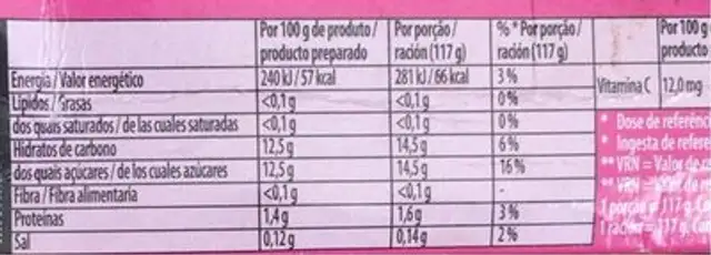 Gelatina Frambruesa Royal nutrition facts table