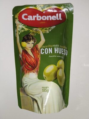 Aceitunas verdes con hueso front packaging