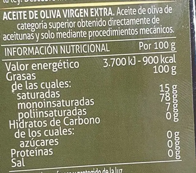 Aceite de oliva virgen extra nutrition facts table