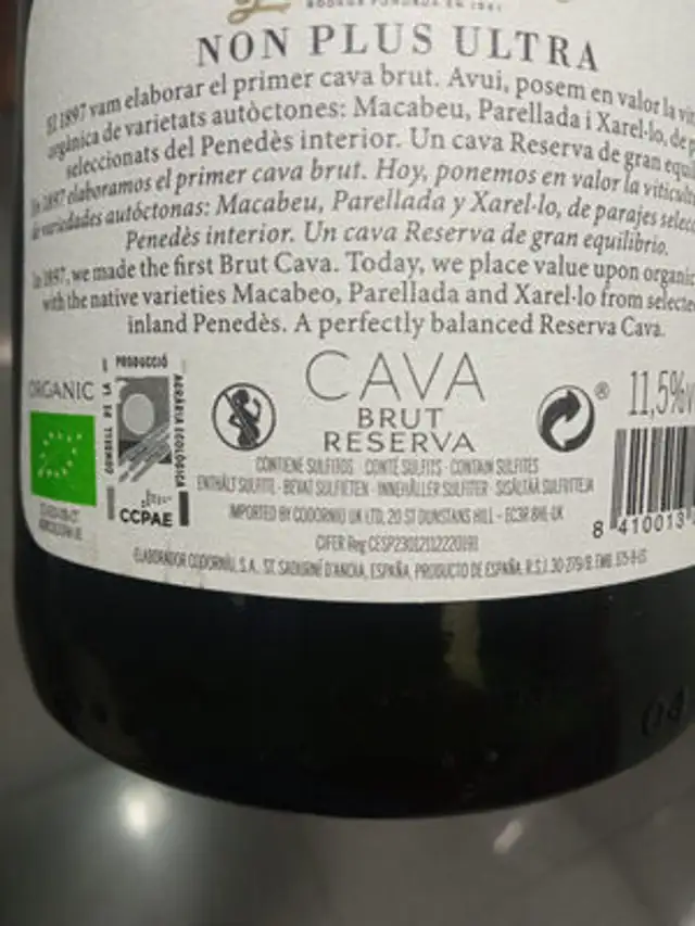 Non Plus Ultra Reserva 2019 ingredients label