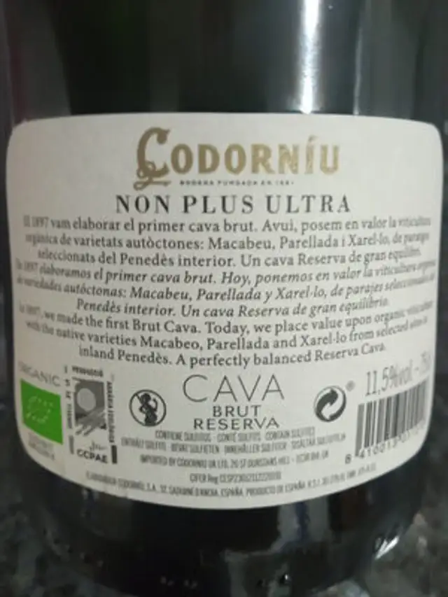 Non Plus Ultra Reserva 2019 nutrition facts table