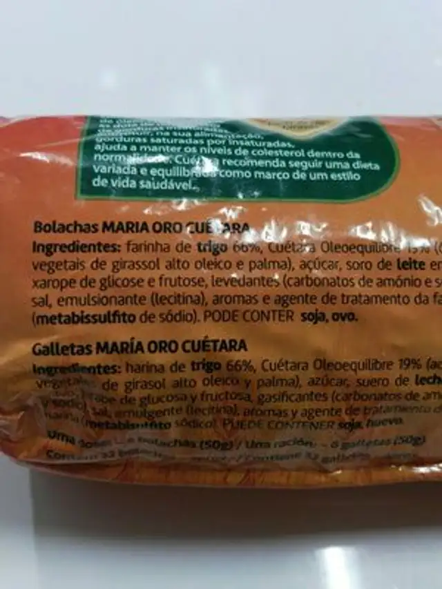 Bolacha Maria Oro Cuetara ingredients label