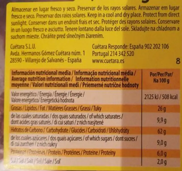 Cuétara Krit Krititas ingredients label