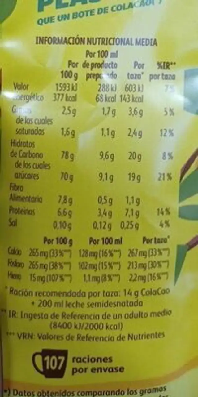 Cola cao el original nutrition facts table