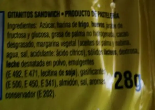 Gitanitos Sandwich ingredients label
