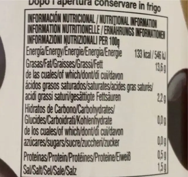Olive nere denocciolate nutrition facts table