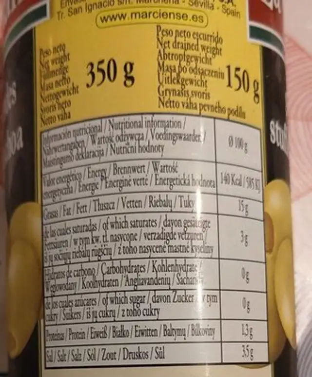 Olives vertes fourrées aux anchois nutrition facts table