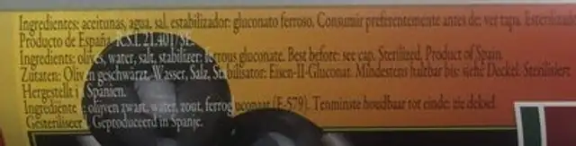 Olives La Sevillana Black ingredients label
