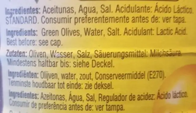Aceitunas verdes con hueso ingredients label