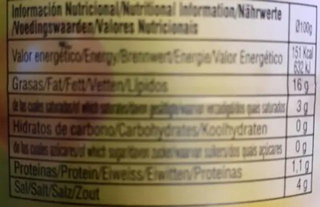 Aceitunas verdes con hueso nutrition facts table