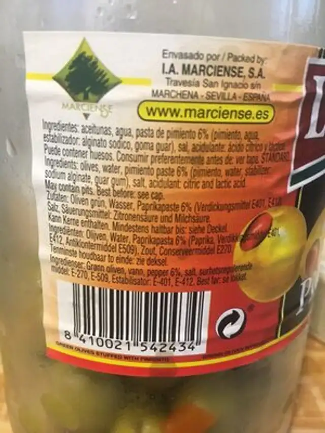 Aceitunas Verdes Rellenas De Pimiento La Sevillana ingredients label