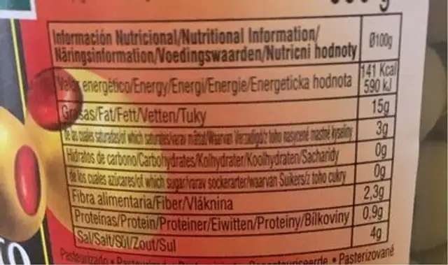Aceitunas Verdes Rellenas De Pimiento La Sevillana nutrition facts table