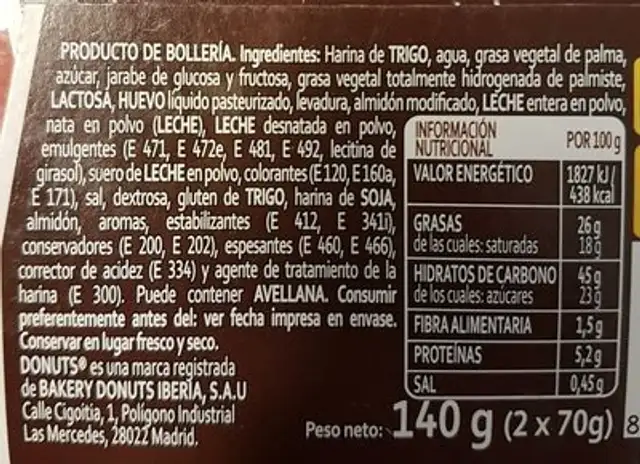 Donuts Relleno Pantera Rosa ingredients label