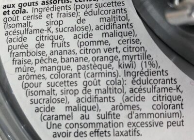 Chupa chups sans sucres ingredients label