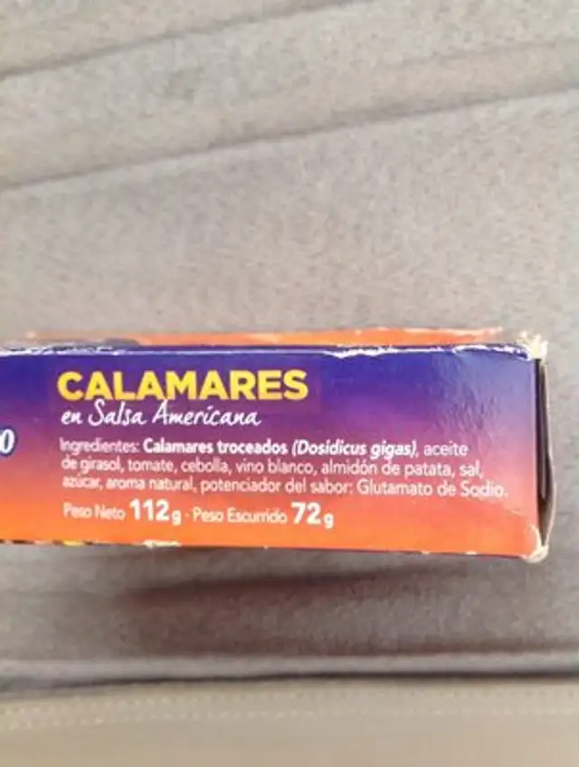 Calamares en salsa americana ingredients label