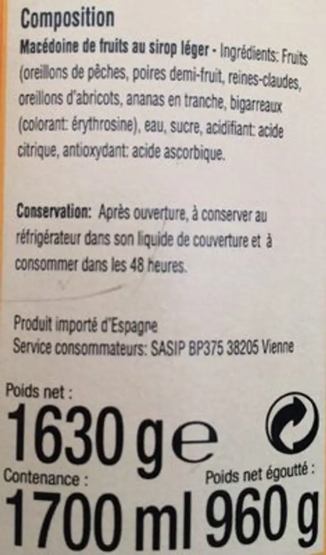 Macedoine de fruits ingredients label