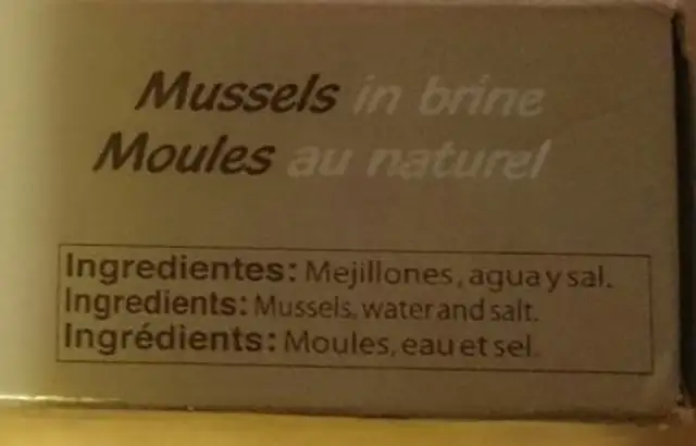 Mejillones al natural ingredients label
