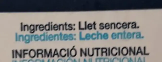 El Castillo Leche Entera 1L ingredients label