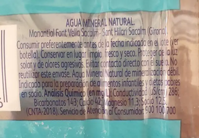 Agua mineral ingredients label
