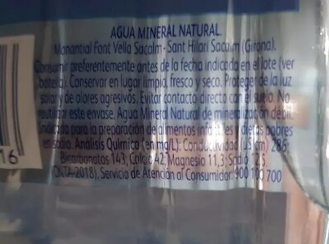 Agua mineral nutrition facts table