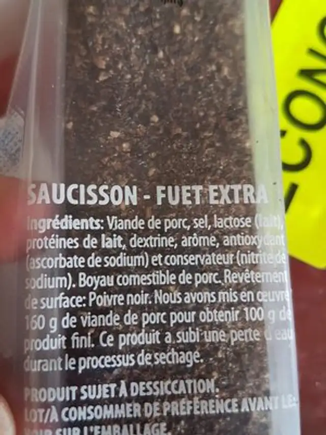 Saucisse sèche fuet d'Olot au poivre noir Espuna 170G ingredients label