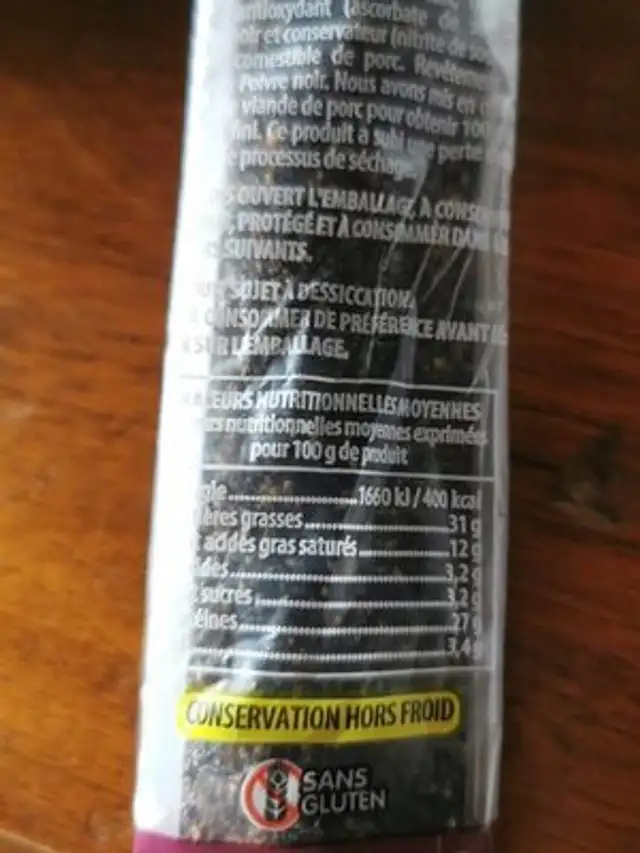Saucisse sèche fuet d'Olot au poivre noir Espuna 170G nutrition facts table