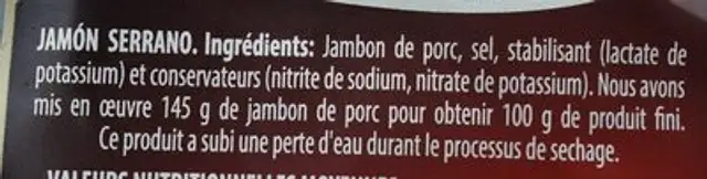 Jambon Serrano Bodega ingredients label