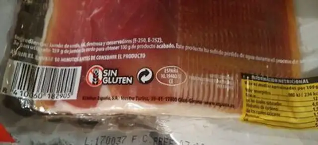 JAMON CURADO BODEGA 400 G. ESPUñA ingredients label