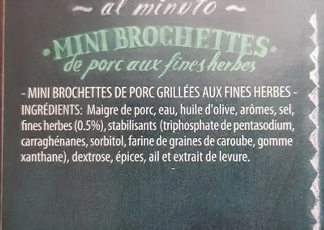 Tapas mini brochettes ingredients label