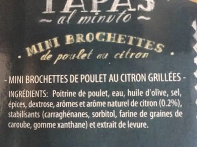 Tapas al minuto ingredients label