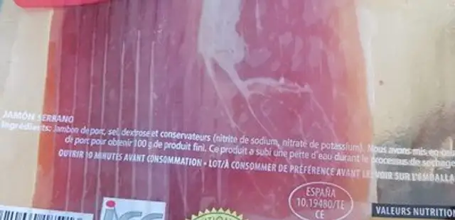 Jambon serrano espagnol bodega ingredients label
