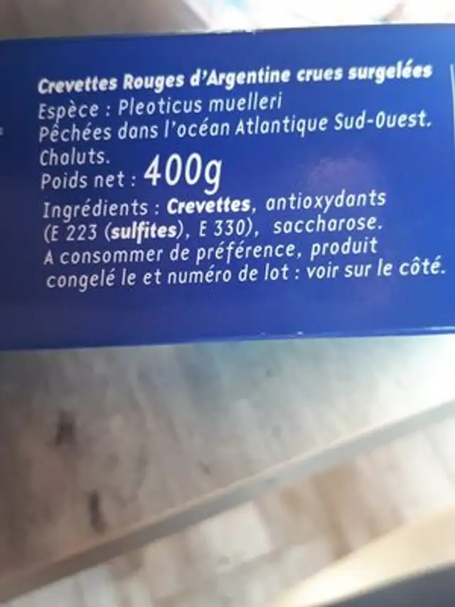 Crevette rouge Pescanova Argentine 12/16P ingredients label