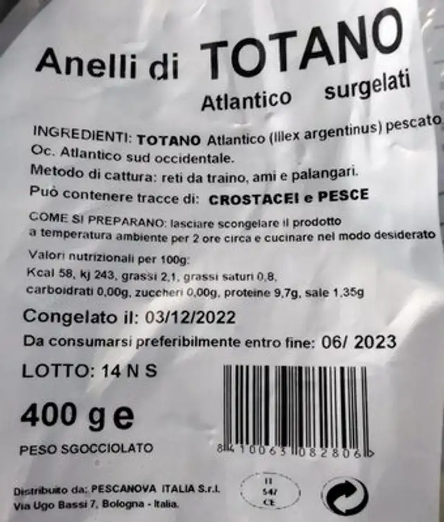 Anelli di totano nutrition facts table