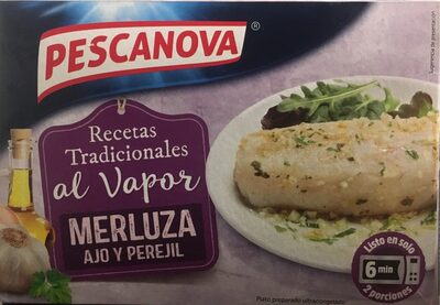 Merluza al vapor con ajo y perejil front packaging