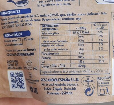 Espaguetis de merluza con tinta de sepia nutrition facts table