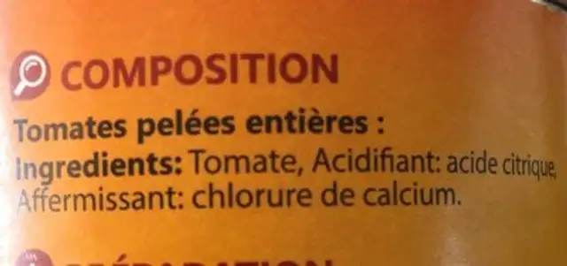 Tomates Pelées ingredients label