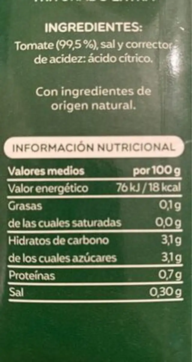 Tomate triturado nutrition facts table