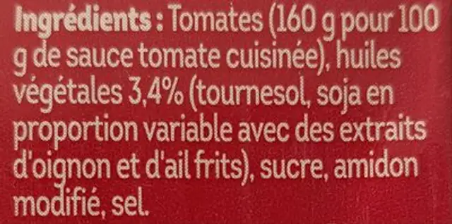 La sauce tomate cuisinée ingredients label