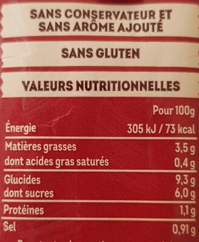 La sauce tomate cuisinée nutrition facts table