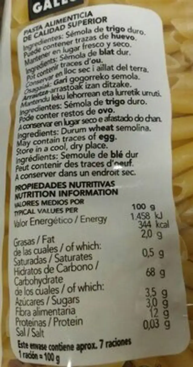 Macarrones nutrition facts table