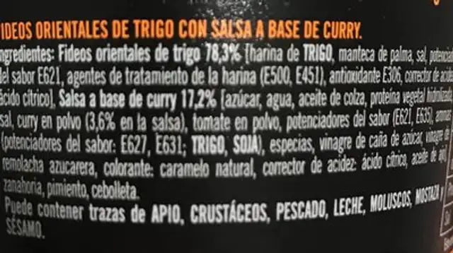Fideus Curry Cup Soba Gallo ingredients label