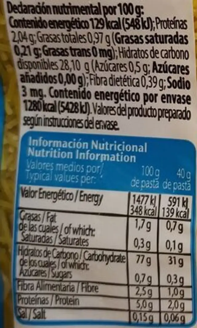 Fideos sin gluten nutrition facts table