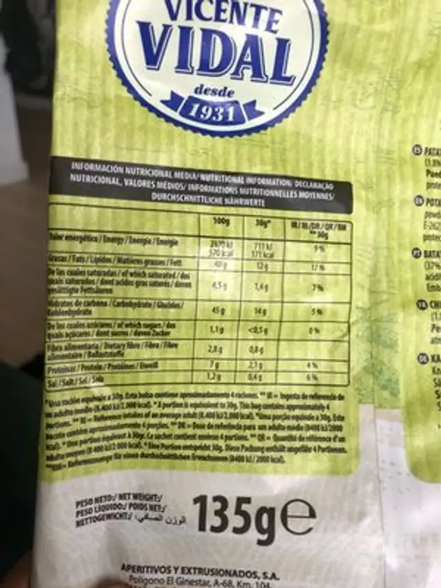 Patatas Fritas Onduladas Sabor Allioli Chovi nutrition facts table