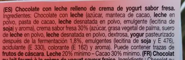Chocolate relleno de crema de yogur ingredients label